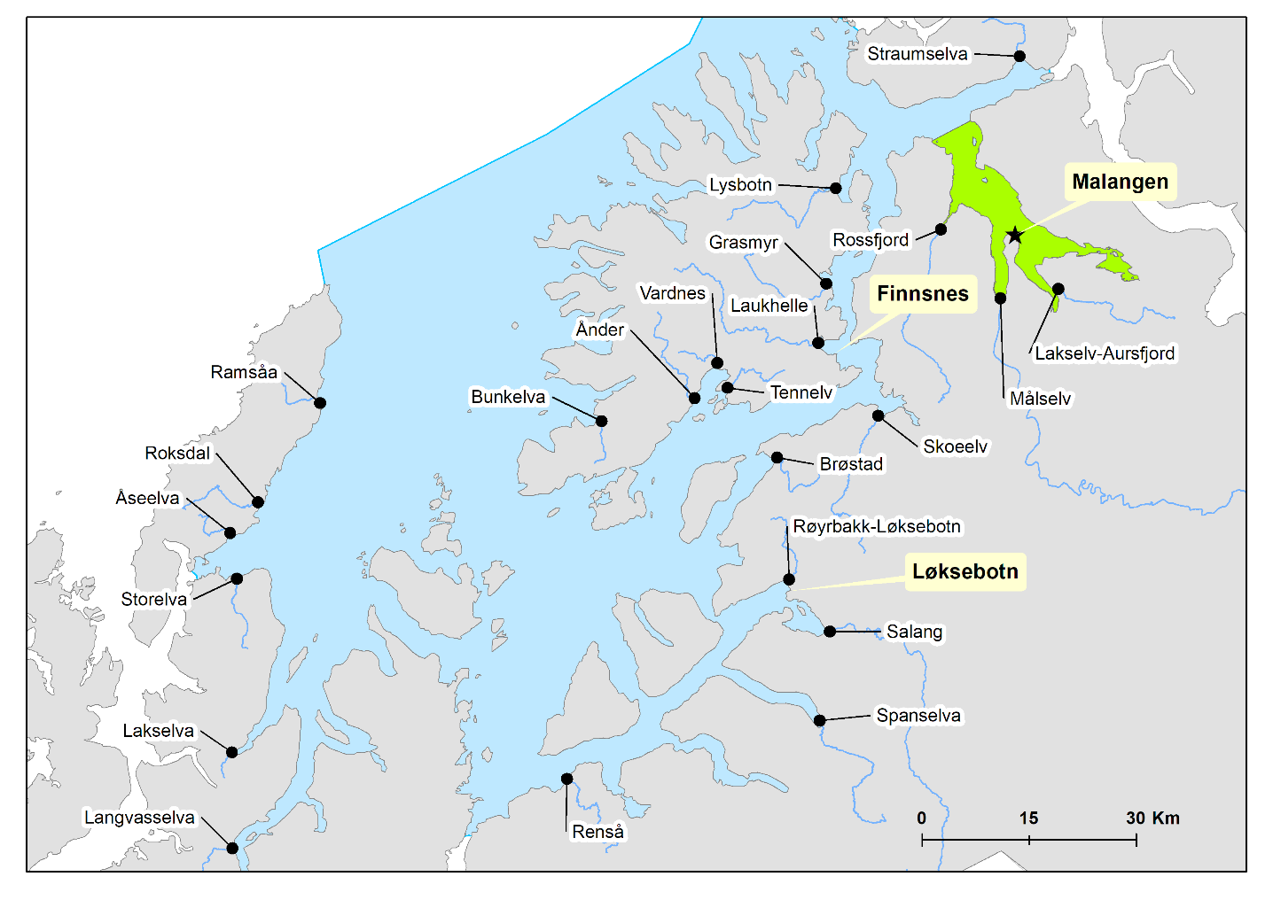 Figuren viser produksjonsområde 10 og undersøkte stasjoner er indikert sammen med nasjonale laksefjorder og lakseelver i området.