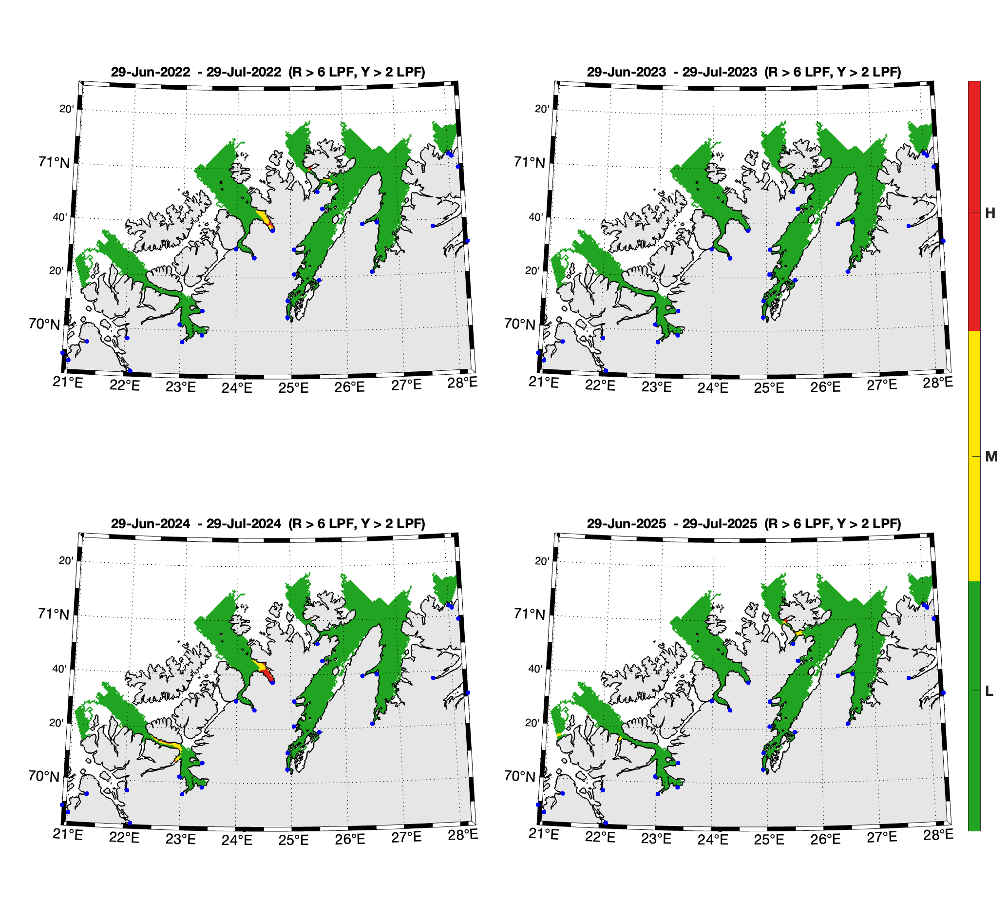Figuren viser smittepress av lakseluslarver akkumulert over 30 dager og regnet om til ROC-karakterisering for de antatte vandringsrutene for laksesmolt i produksjonsområdet.