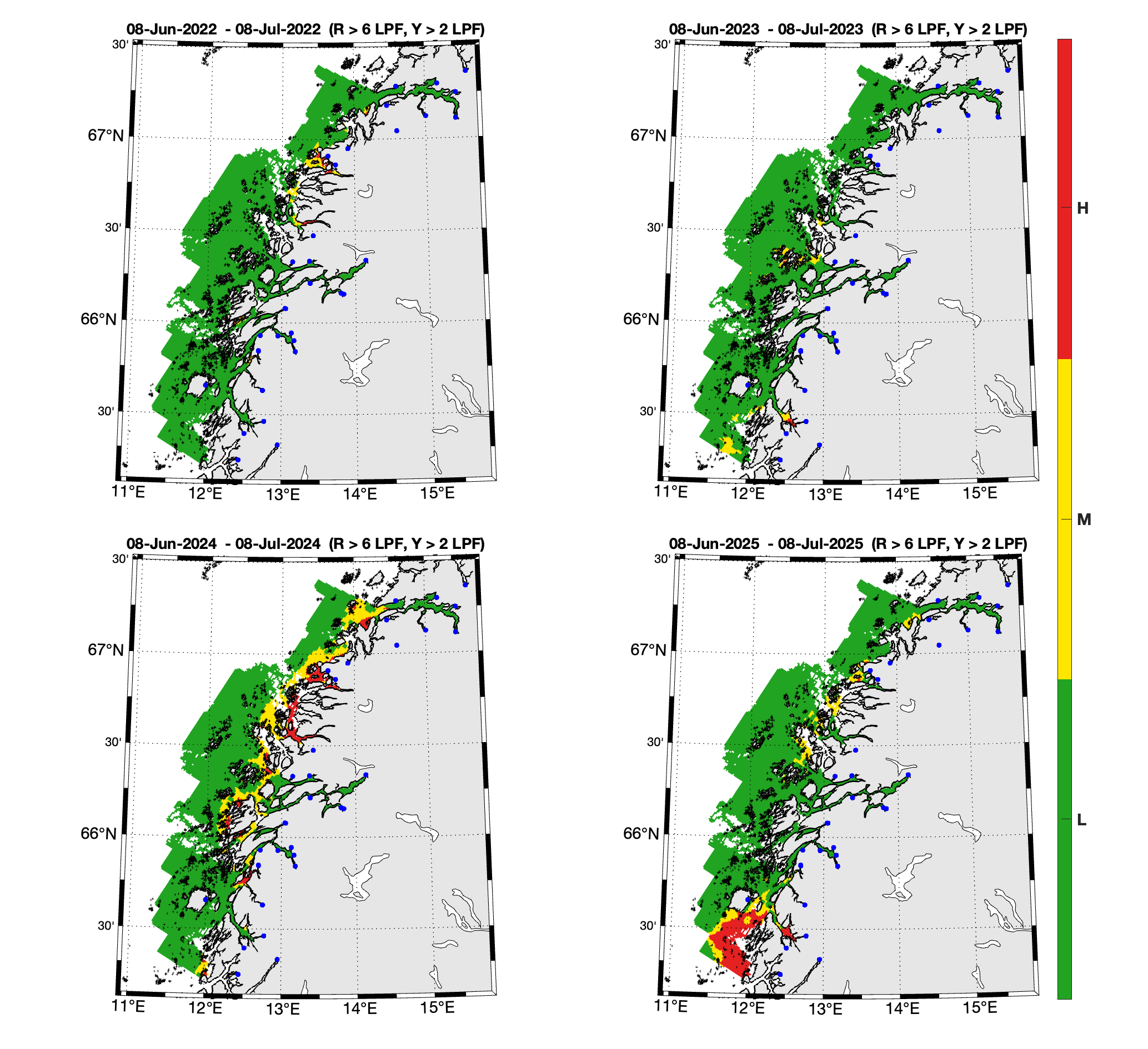 Figuren viser smittepress av lakseluslarver akkumulert over 30 dager og regnet om til ROC-karakterisering for de antatte vandringsrutene for laksesmolt i produksjonsområdet.