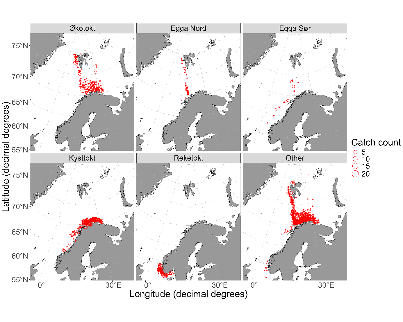 Map of Catches of round ray (Rajella fyllae) in IMR demersal trawls between 2010-2025.