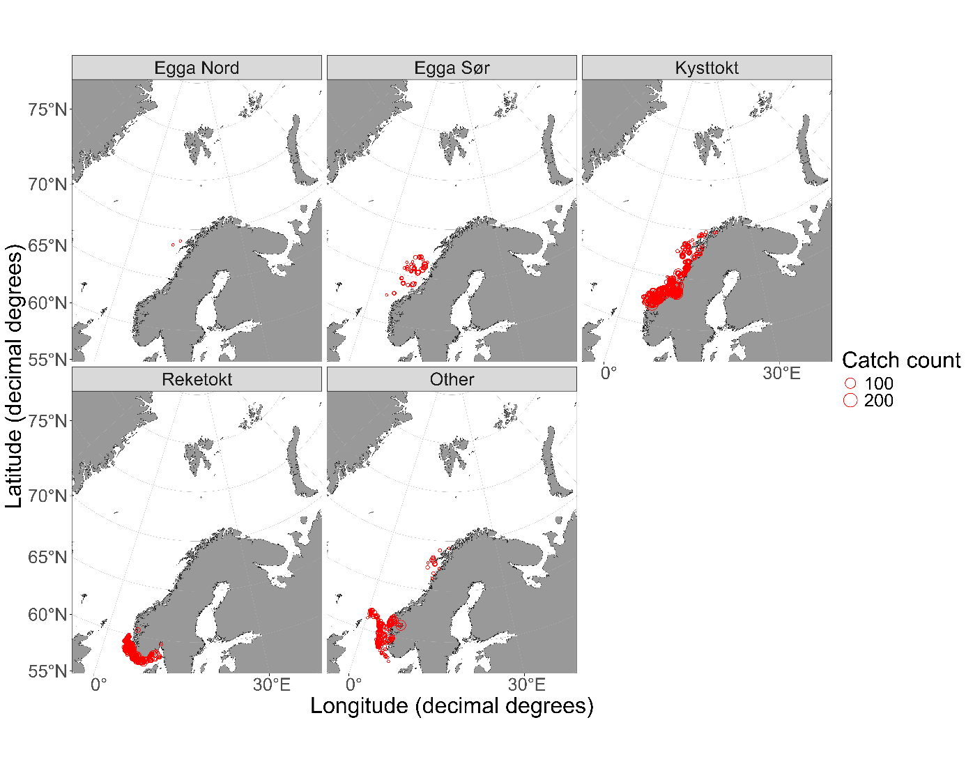 Map of Catches of blackmouth catshark (Galeus melastomus) in IMR demersal trawls between 2010-2025.