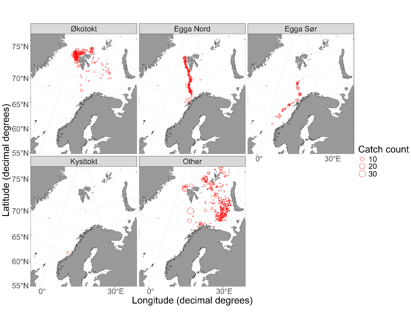 Map of Catches of arctic skate (Amblyraja hyperborea) in IMR demersal trawls between 2010-2025.