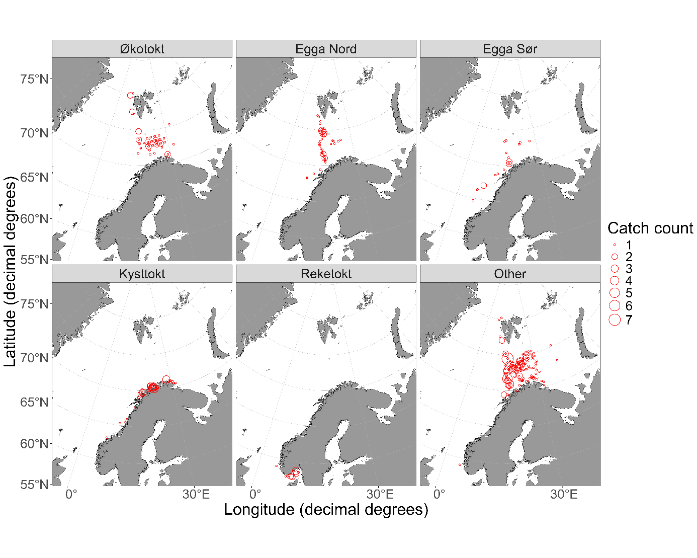 Map of Catches of spinytail skate (Bathyraja spinicauda) in IMR demersal trawls between 2010-2025.