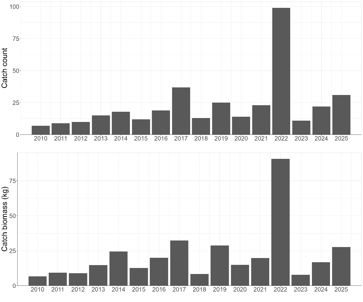 Plot of Small-spotted catshark (Scyliorhinus canicula) total catch count and biomass on demersal trawl surveys between 2010-2025.