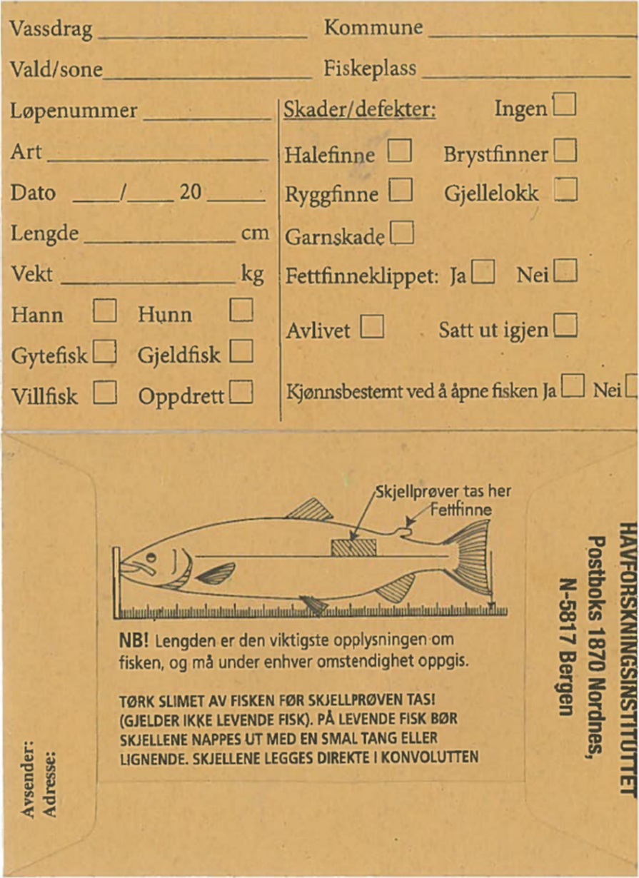 Figuren viser en skjellkonvolutt der det skal fÃ¸res inn diverse informasjon om fisken skjellet er hentet fra.