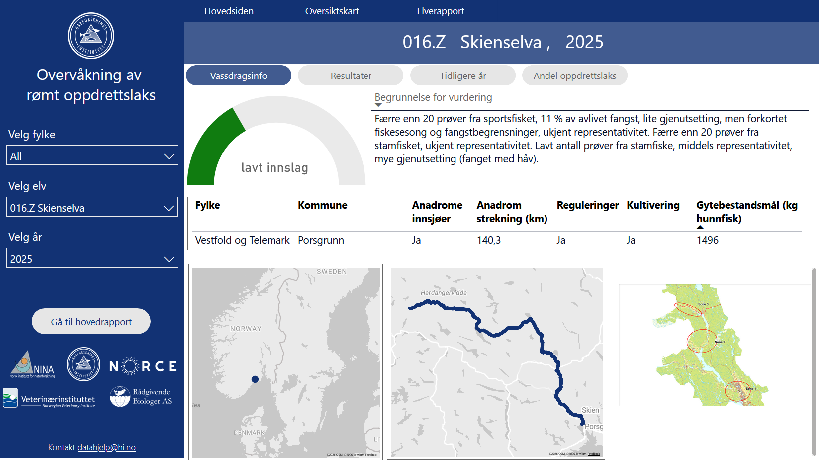 8.3 Figuren viser en elverapport for Skienselva med vurdert innslag av rømt oppdrettslaks og begrunnelse for vurdering i 2025, basisinformasjon om vassdraget og ulike kart over vassdragets plassering og utstrekning. 