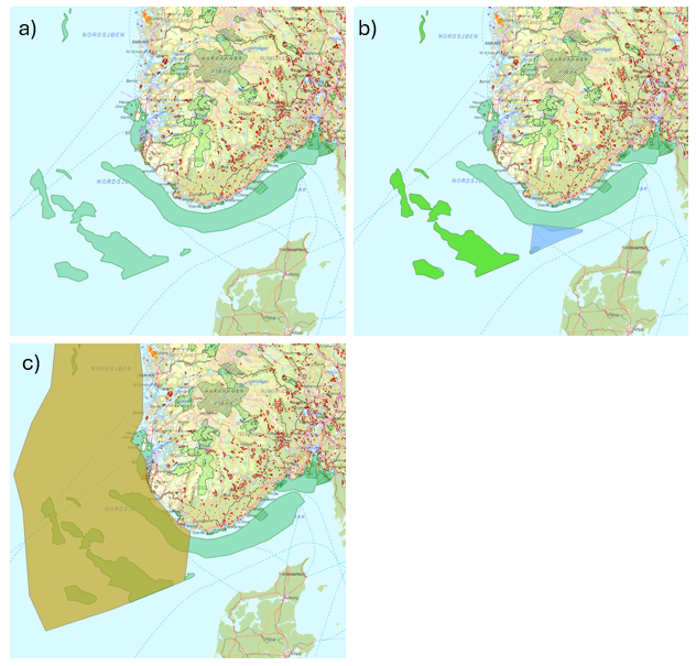  Petroleumsreguleringer, SVO-er og verneområder i Nordsjøen og Skagerrak. a) SVO-ene Boknafjorden og Jærstrendene, Norskerenna, Tobisfelt og Ytre Oslofjord. b) Overlapp mellom petroleumsreguleringer (blå: forbud mot petroleumsaktivitet, grønn: Tobisrammer) og SVO-er (dus grønne polygoner). c) Overlapp mellom områder åpnet for petroleumsvirksomhet (brunt polygon) og SVO-er (dus grønne polygoner).