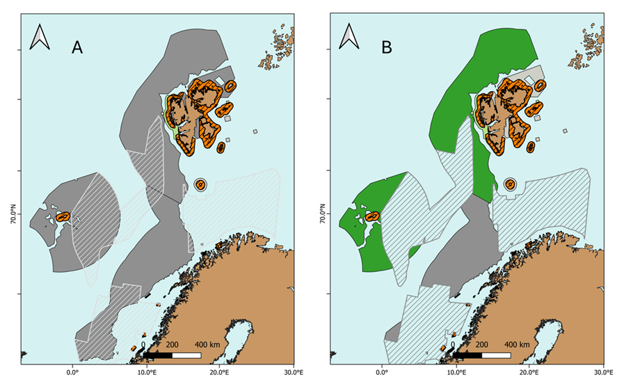  Overlapp mellom kandidat-OECM «verneområder bunnhabitat – nytt fiskeriområde» (grått) og områder åpnet for leting og /eller utvinning av havbunnsmineraler og petroleum (skravert). B: Gjenstående polygoner av «verneområder bunnhabitat – nytt fiskeriområde» (grønt og mørk grå) etter filtrering. Oransje skraverte felter er verneområder.
