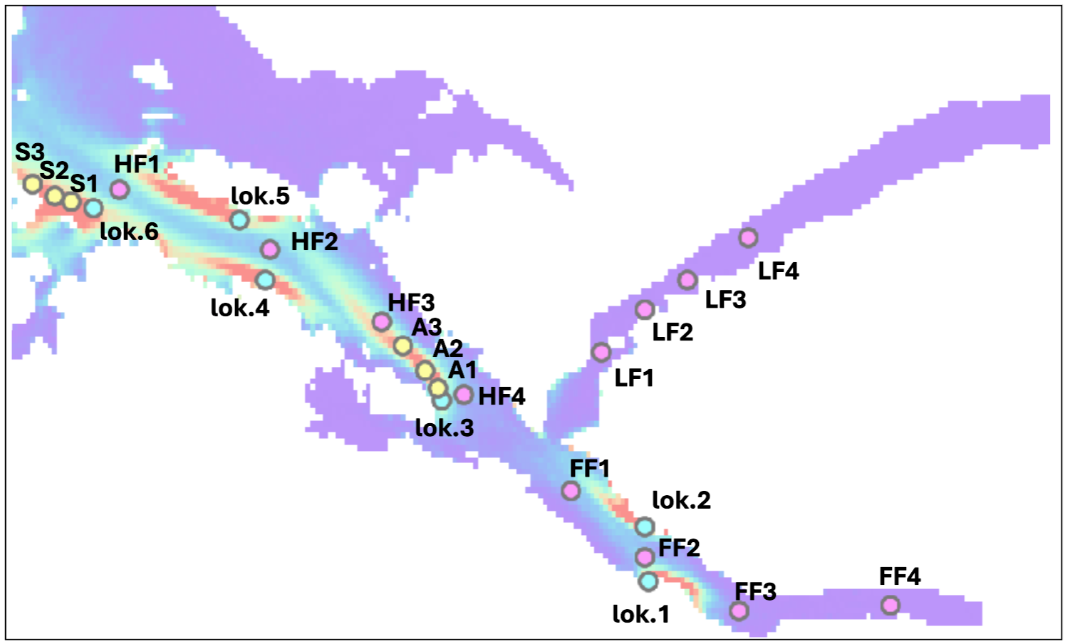 Figur 5. Området modellert med ChemicalDrift med posisjonene av akvakultur lokaliteter (lok.1 til lok.6), virtuelle monitoreringsstasjoner i Høgsfjorden (HF1-HF4), Frafjord (FF1-FF4), Lysefjorden (LF1-LF4), og nedstrøms for lokalitet 3 (A1, A2, A3) og lokalitet 6 (S1, S2, S3).