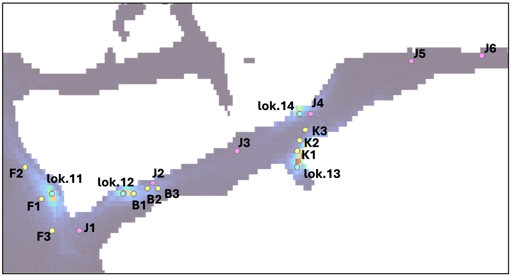 Figur 25. Området modellert i Jøsenfjorden med ChemicalDrift med posisjonene av akvakulturlokaliteter (lok.11 til lok.14), virtuelle monitoreringsstasjoner langs fjorden (J1– J6), og nedstrøms for lok.11 (F1, F2, F3), lok.12 (B1, B2, B3), og lok.13 (K1, K2, K3).