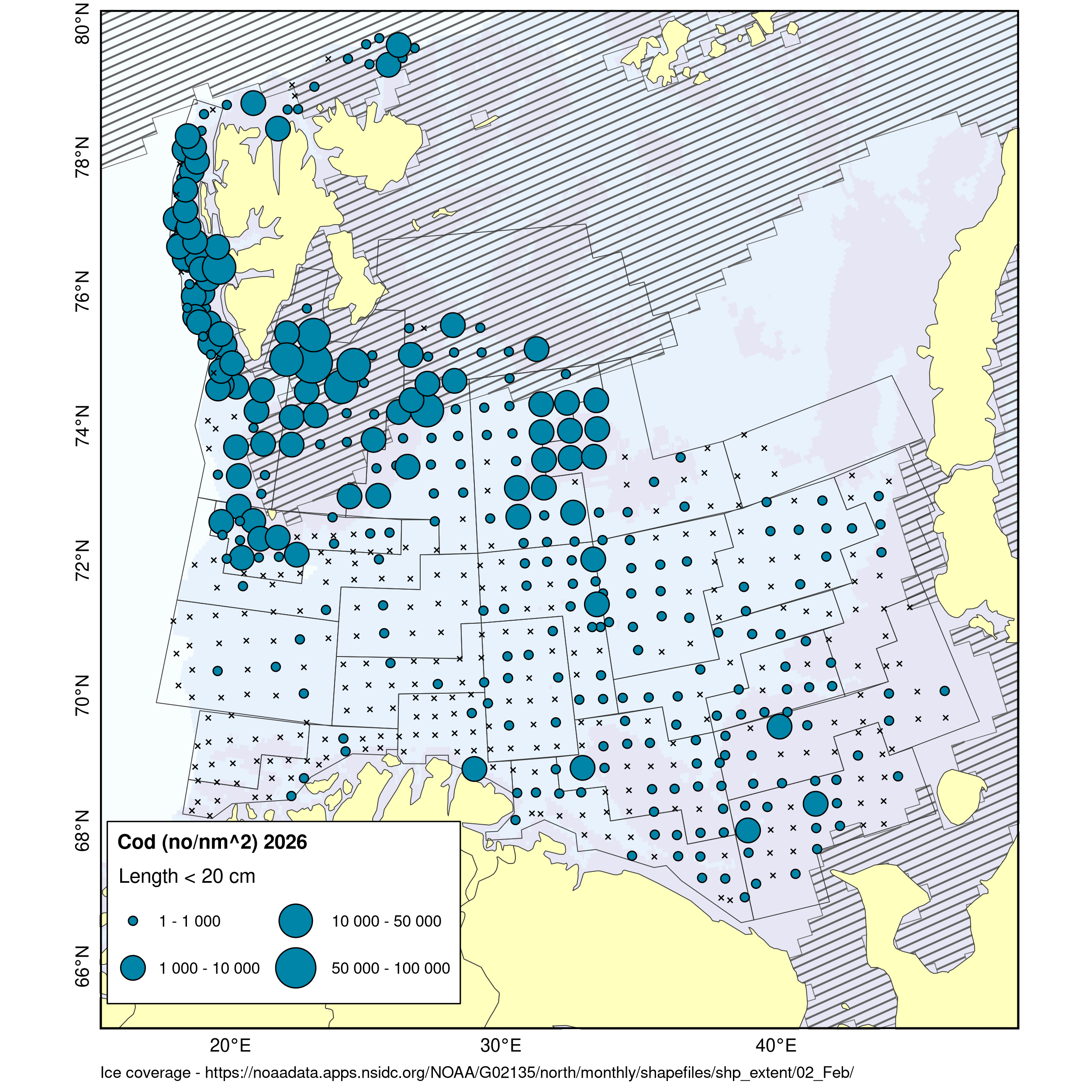 Distribution map for small cod (<20 cm). Cod of this size were found south and west of Svalbard and in the central-northern Barents Sea. Very low catches in the south and east.