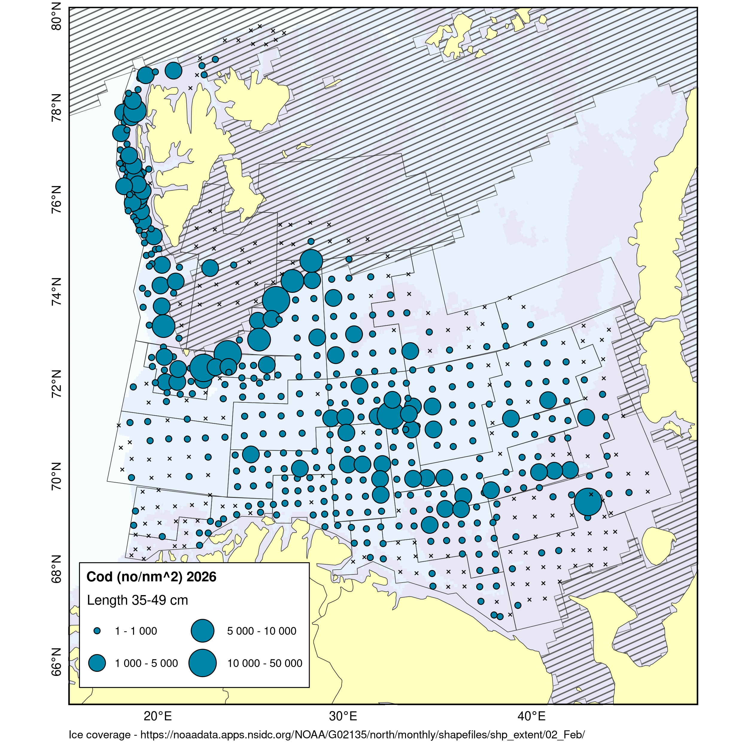 Distribution of cod 35-49 cm. Found mainly northwest and in the central-eastern parts of the survey area. Very low catches in the southern areas.