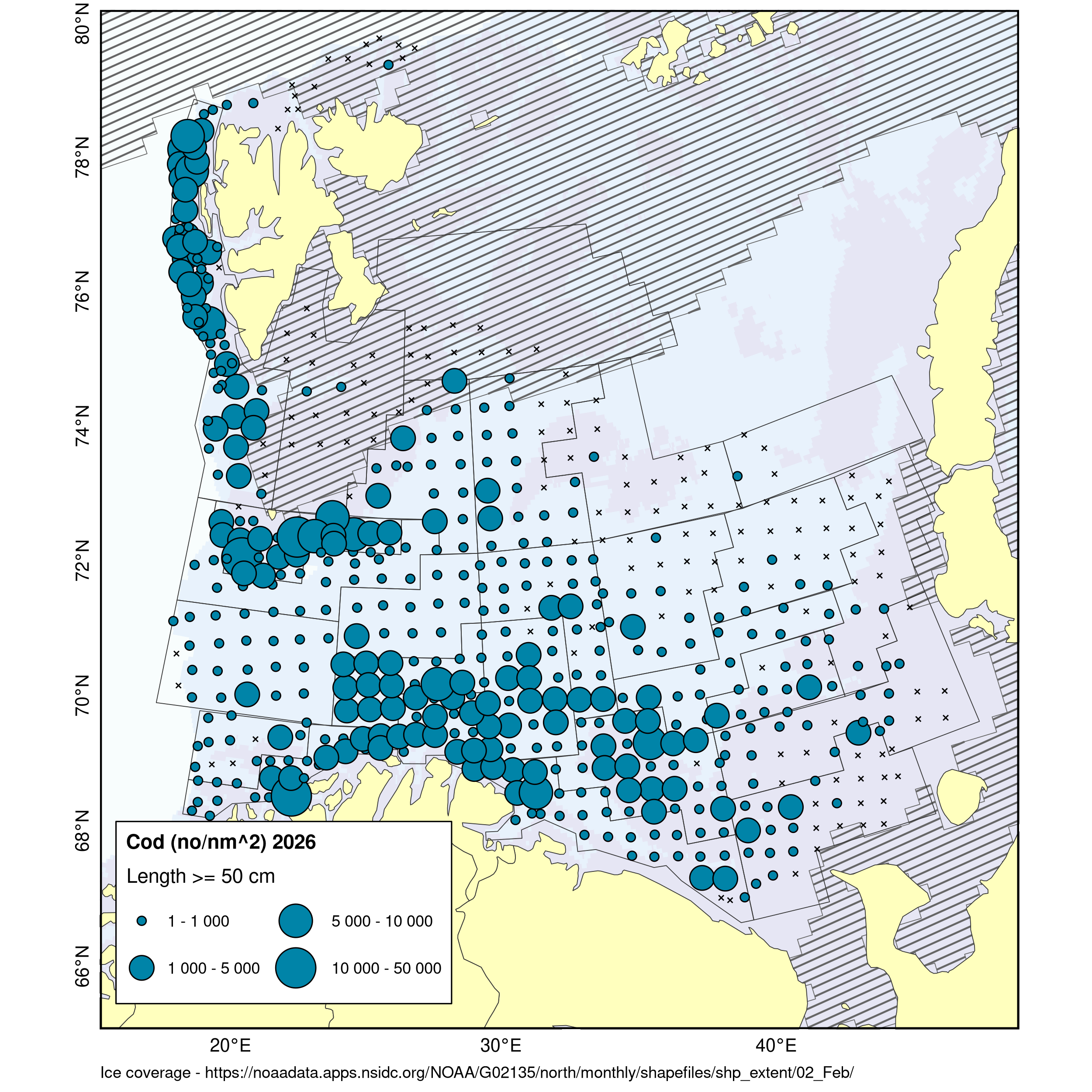 Distribution of cod >50 cm. Found mainly northwest, central and southern parts of the survey area. Low catches in the east.