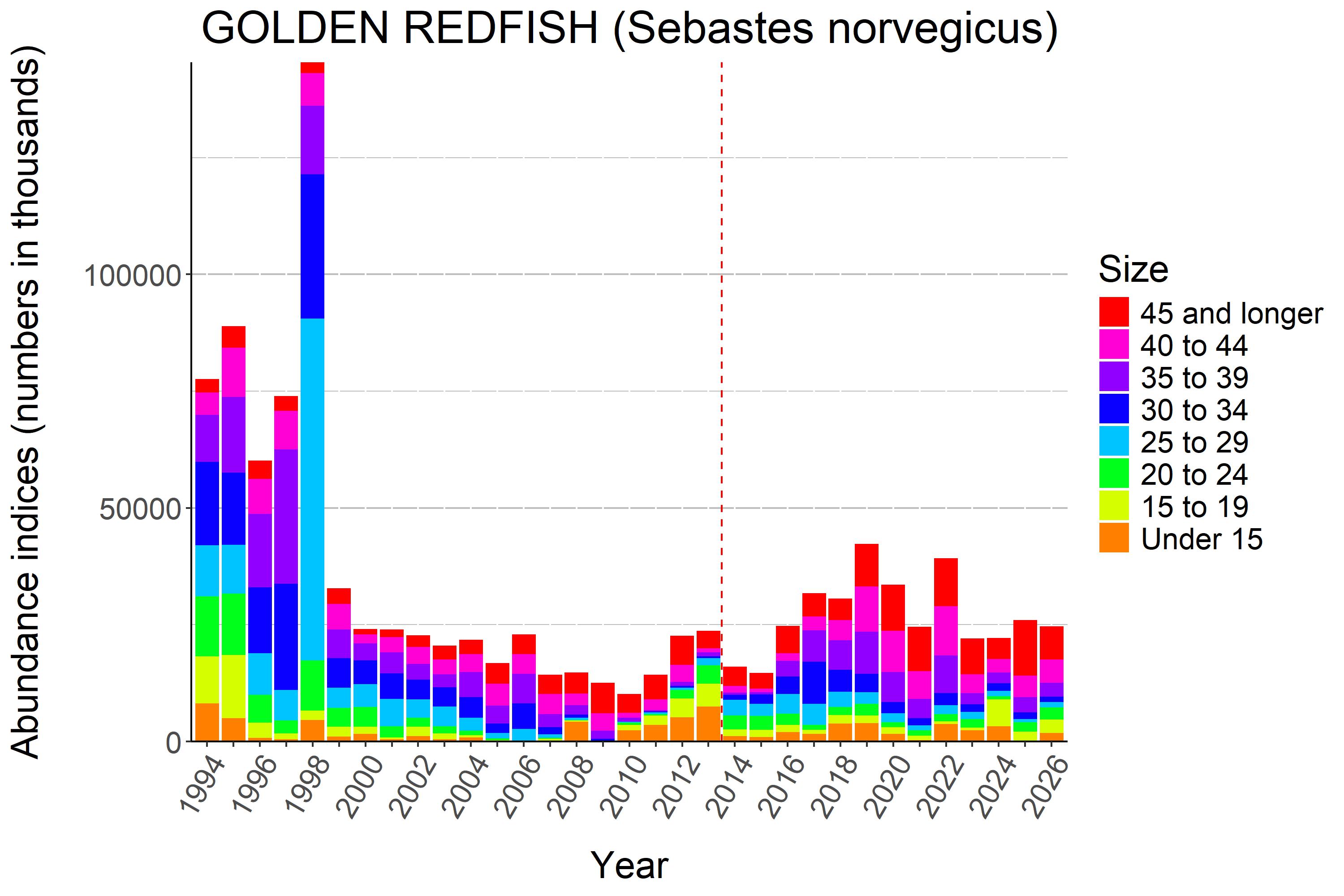 Swept area abundance index for golden redfish shown as age-specific indices stacked in bars for each year. Indices in 2026 was similar to recent years and at a moderate level.