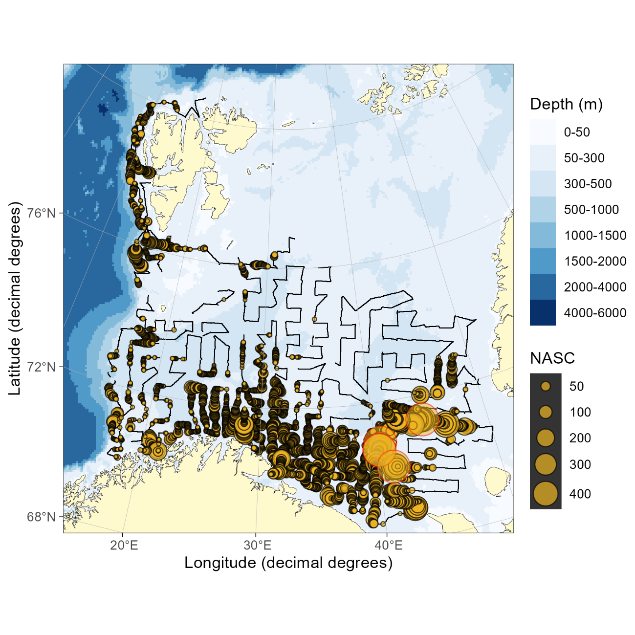 Acoustic registrations of haddock shown on map of the survey area. Highest registrations found in south-eastern parts as usual. Little to no registrations in central and central-eastern parts. Some registrations west of Svalbard.