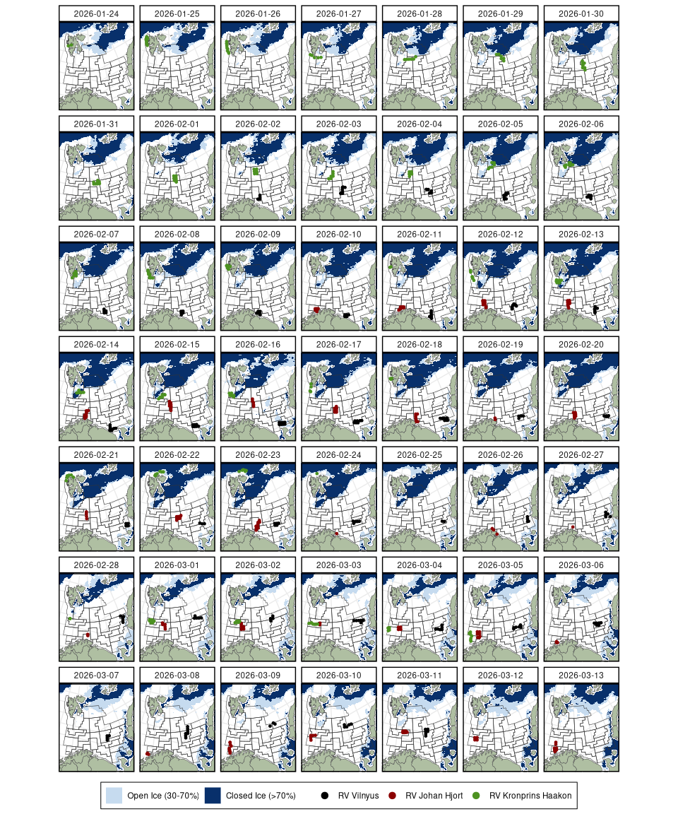 Daily maps showing development of sea ice cover during the survey; in the central-northern parts ice covered parts of strata 25 and 26 until the end of February, while ice cover in the southeasternmost strata increased thoughout the survey period.