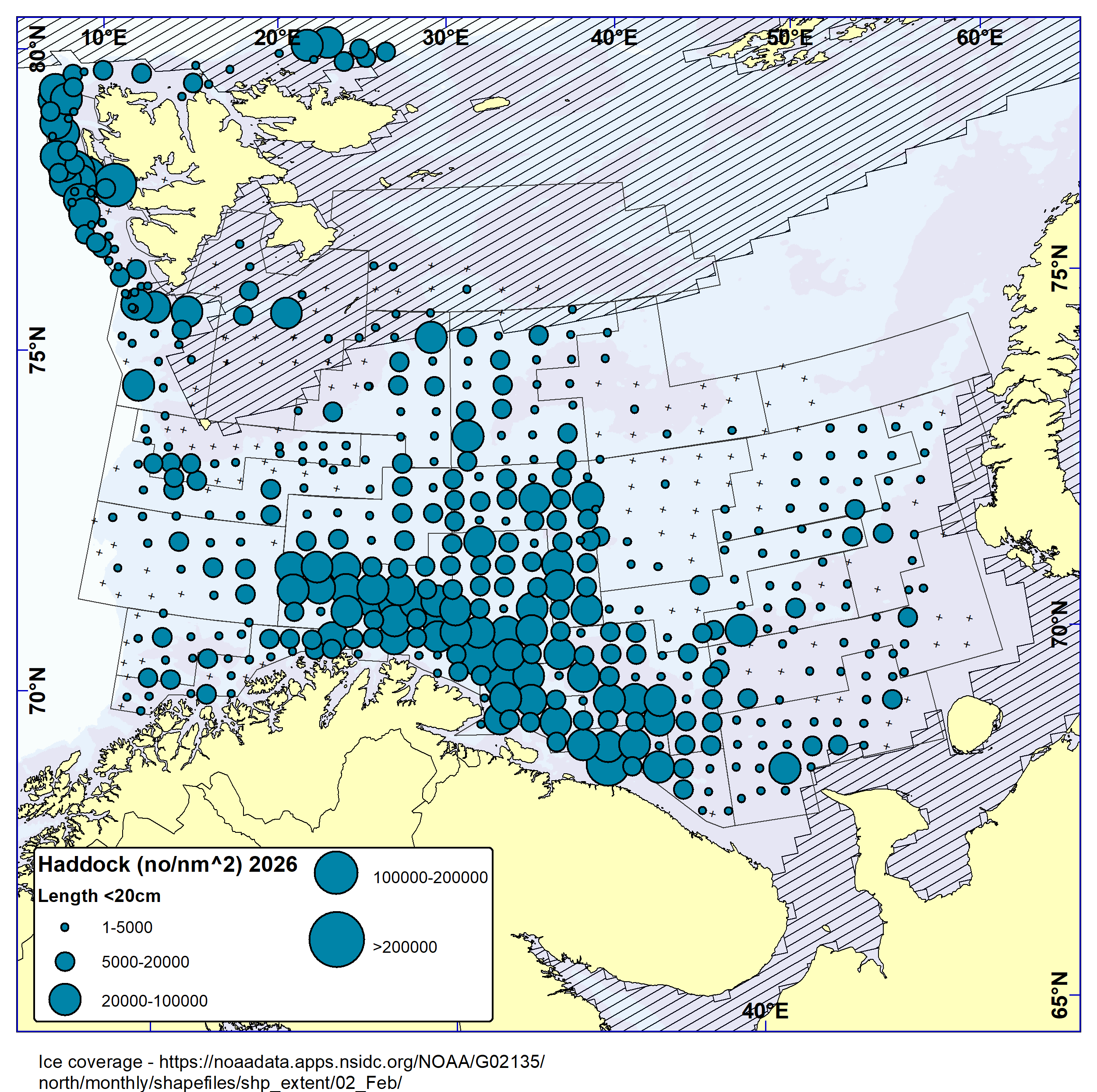 Distribution of haddock < 20 cm based on bottom trawl catches. Highest catches found west of Svalbard and in the central-southern Barents Sea.