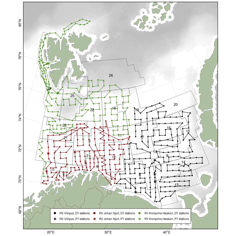 Map showing cruise tracks and trawl stations in the 2026 survey. Strata to the north (25 and 26) were partially covered due to sea ice. Strata 20 in northeast just covered in the westernmost part. Otherwise good coverage and survey design followed as planned.