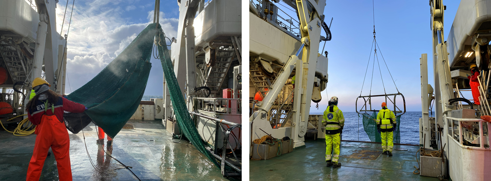 Picture of the Agassiz Trawl on deck and going into the water
