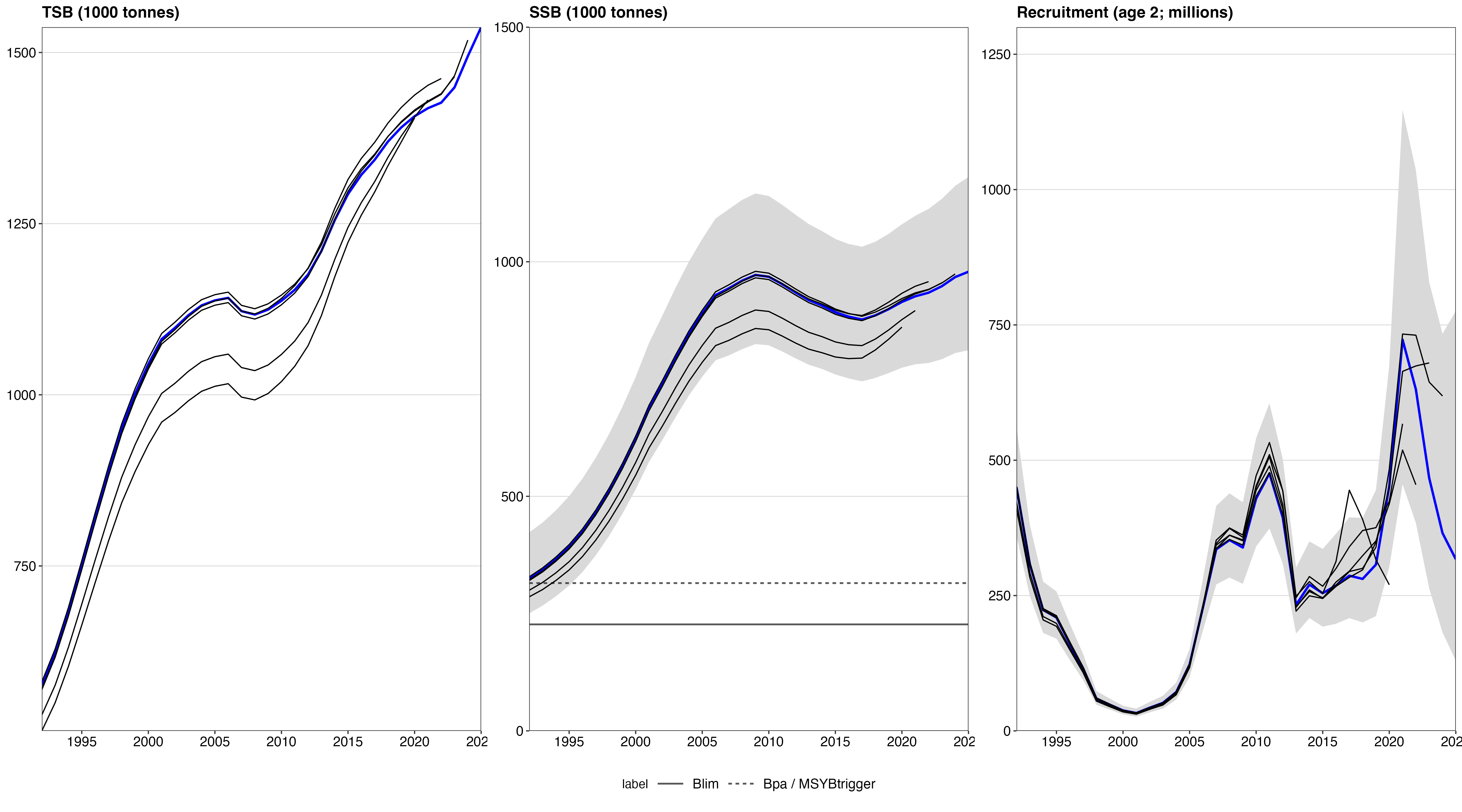 Figure 6.29. Analytical retrospective patterns of the total stock biomass, spawning-stock biomass, and recruitment at age 2 of S. mentella as estimated by the SCAA model.