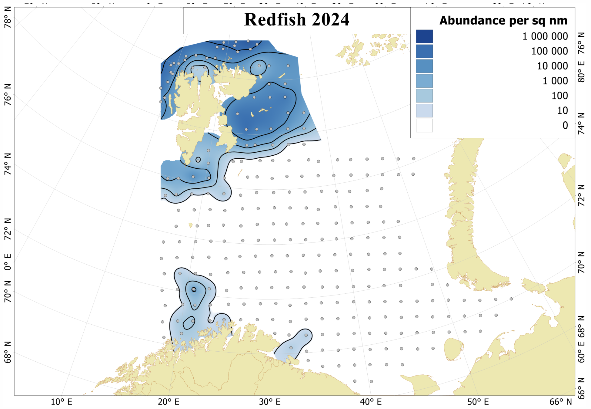 Figure 6.15. S. mentella in subareas 1 and 2. Map showing the specific pelagic 0-group trawl stations and the abundance of 0-group S. mentella during the joint Norwegian- Russian Ecosystem survey in the Barents Sea and Svalbard in 2024. Not updated in 2025.