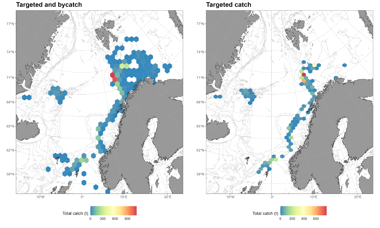 Figure 8 ‑ 2 . Spatial distribution of Greenland halibut catches in 2025 according to Norwegian electronic logbooks, in all registered fisheries including bycatch (A), and catches where Greenland halibut make more than 50% of the total catches (B).
