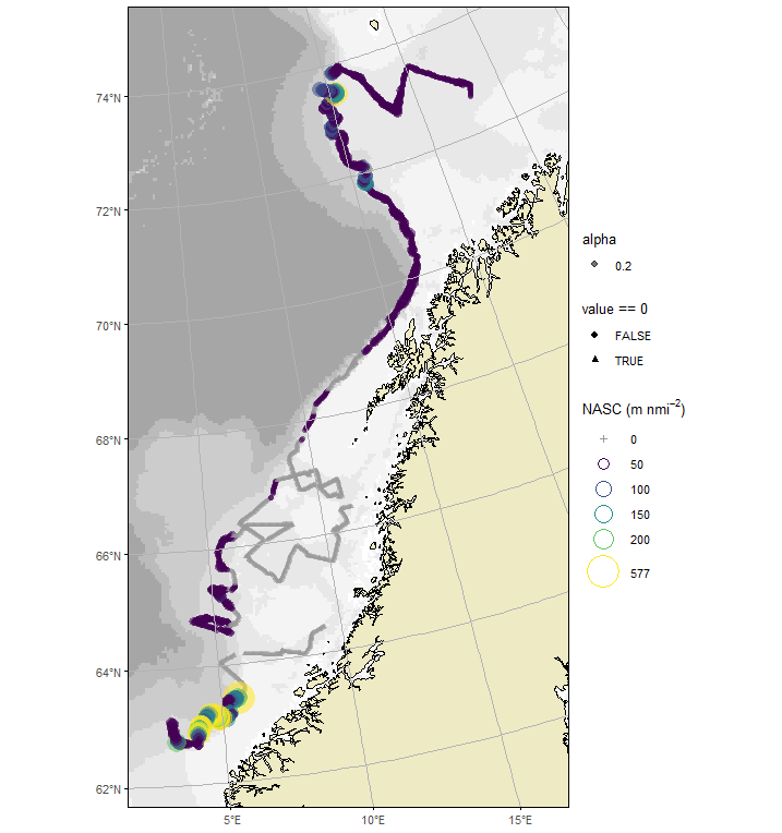 Figure 6.17. S. mentella in subareas 1 and 2. Horizontal distribution of S. mentella hydroacoustic backscattering (sA) during the Norwegian slope survey in spring 2026. The circles are proportional to the sA assigned to redfish along the vessel track.