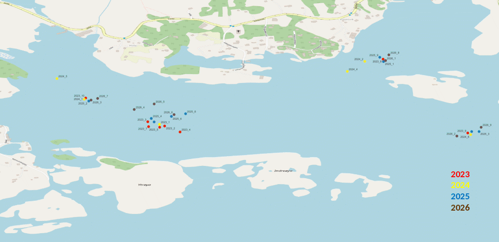 Figure 20. Positions of the CTD casts in 2023 (red dots), 2024 (yellow dots), 2025 (blue dots) and 2026 (brown dots). Names of the different casts refer to the CTD number of Table 4.