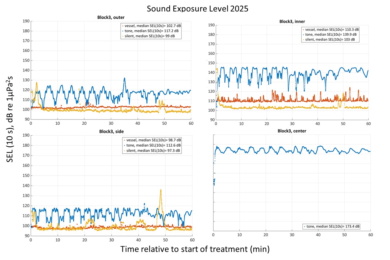 Figure 17. Sound Exposure Level (SEL) for the various hydrophone positions in 2025; outer bay (upper left), inner bay (upper right), side bay (lower left) and center/vessel position (lower right). Locations of the hydrophones can be seen in Figure 11.