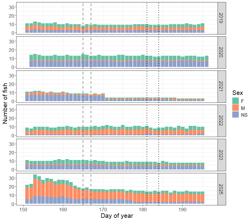 Figure 27. The number of fish present each day of June, during six of the years that the telemetry array has been active (data from summer 2024 are not shown as those data were not part of any experiment so have not been compiled yet). The grey dashed lines show those dates of the exposure in June 2023 and the black dotted lines show the exposure dates in June/July 2026. Bars are coloured by the sex/maturity stage of fish at tagging: F= spawning female, M=spawning male, NS=not in spawning condition at time of tagging.