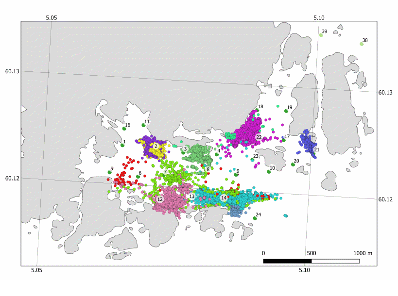 Figure A1.3. Map showing the fish distribution of May 2022, overlaid with a circle with radius 1.5 km, hence showing the area that will have a sound level above the communication level of cod. This is the area where we might expect the fish to show a potential reaction.  