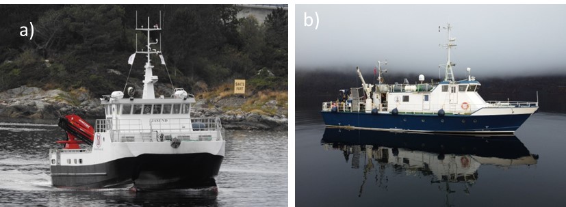 Figure 3 a) The operating vessel, “MV Sjåsund”. Photo: Sjåsund Marine. b) RV “Hans Brattstrøm”, Photo: Carl Magnus Nøttveit Nilsen/HI. 