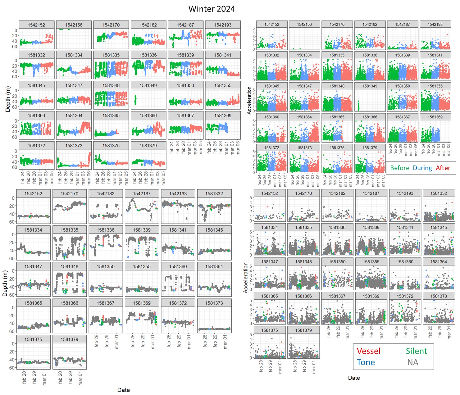 Figure 30. Depth (left) and acceleration (right) for Before-During- After (upper level) and Treatment (lower level) periods for winter 2024. Each of the BDA periods comprise the total number of days of the exposure period, while the treatment level are the 1 h exposure period.