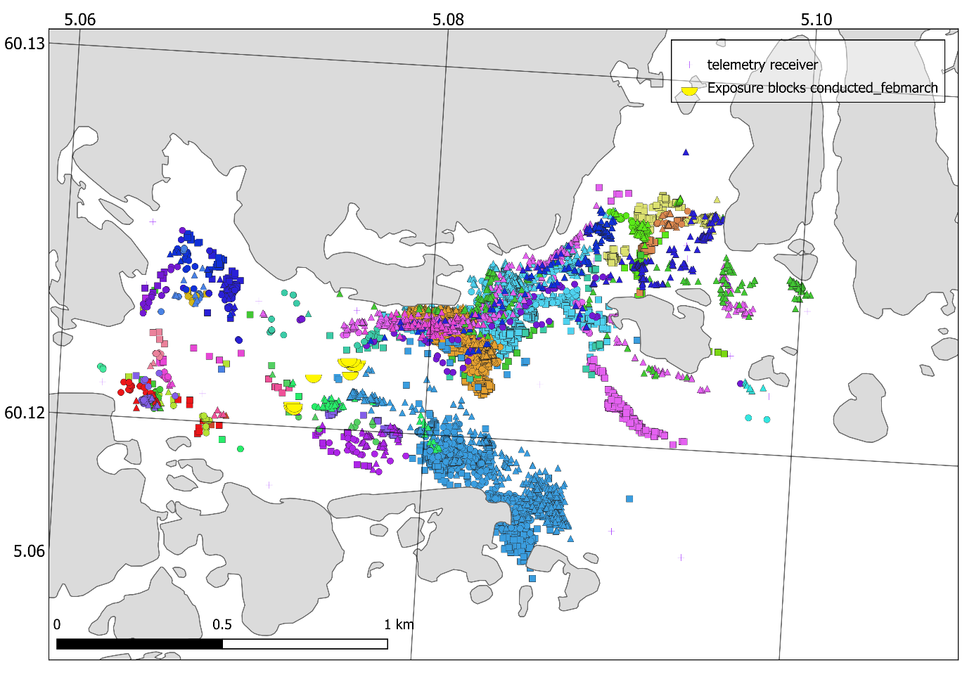 Figure 28: Map showing the estimated positions of 27 fish positioned within the bay during the exposure in Feb/March 2024. Different fish are indicated by different colours, and shapes show the positions before (square), during (circle) and after (triangle) the exposure period. The positions of the source vessel are shown, as are the positions at retrieval of the telemetry receivers.