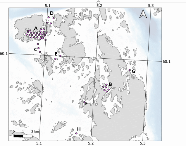 Figure 1 Overview of the telemetry receivers in the area. These are placed in the main exposure location in Bakkasund (A), the control area in Osen (B), as curtains to control the western (C), northern (D) and southern (E) gateway from the main area as well as 3 additional spawning sites in the area (F, G, H). The miniature insert picture shows the location of the research area in Austevoll as a red mark.