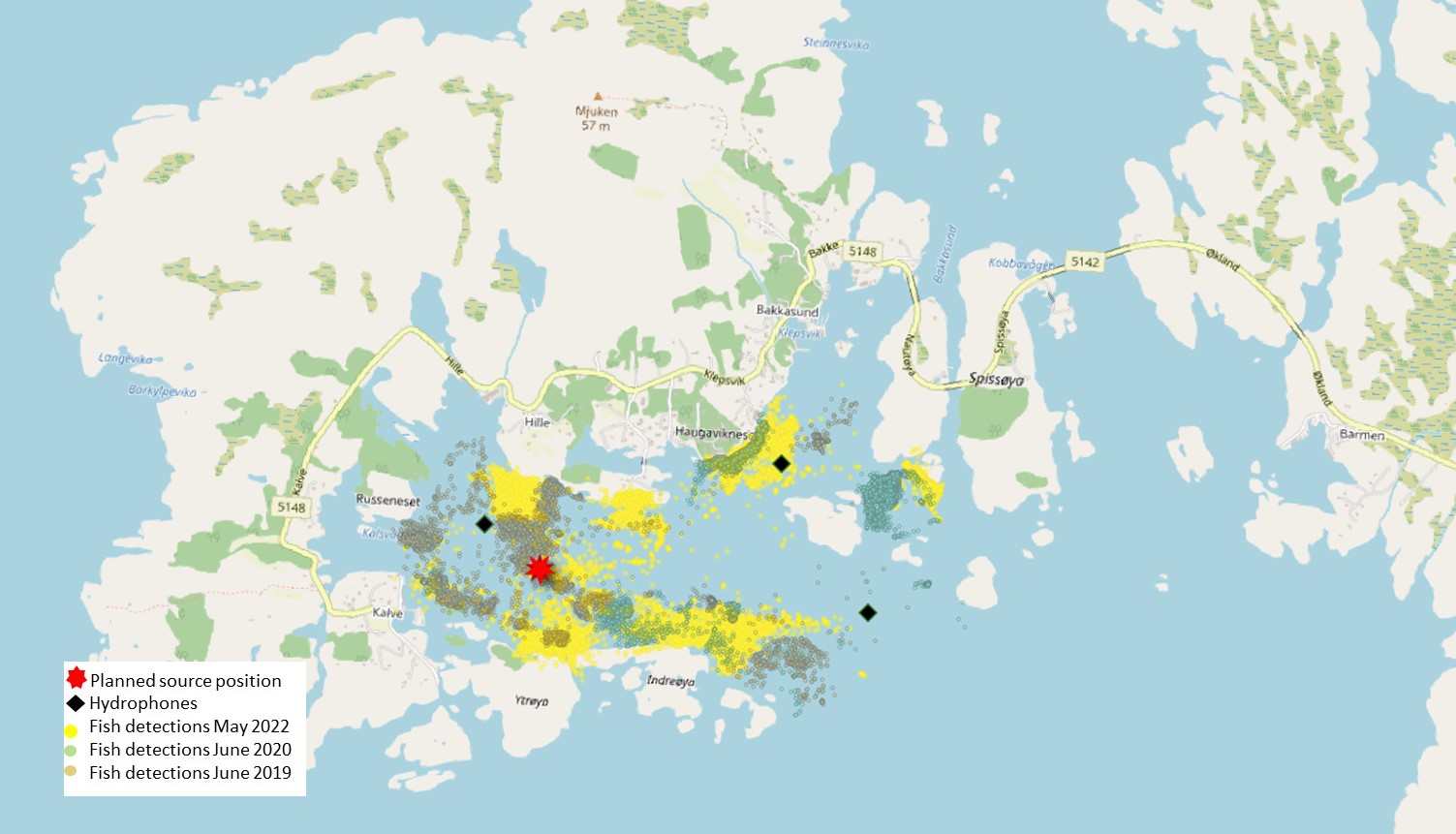 Figure 2. Position of source vessel (red star), hydrophones (black diamonds) on top of fish detections from the same period (first two weeks of June) for the years 2019 (brown dots) and 2020 (blue dots) and last two weeks of May in 2022 (yellow dots). 