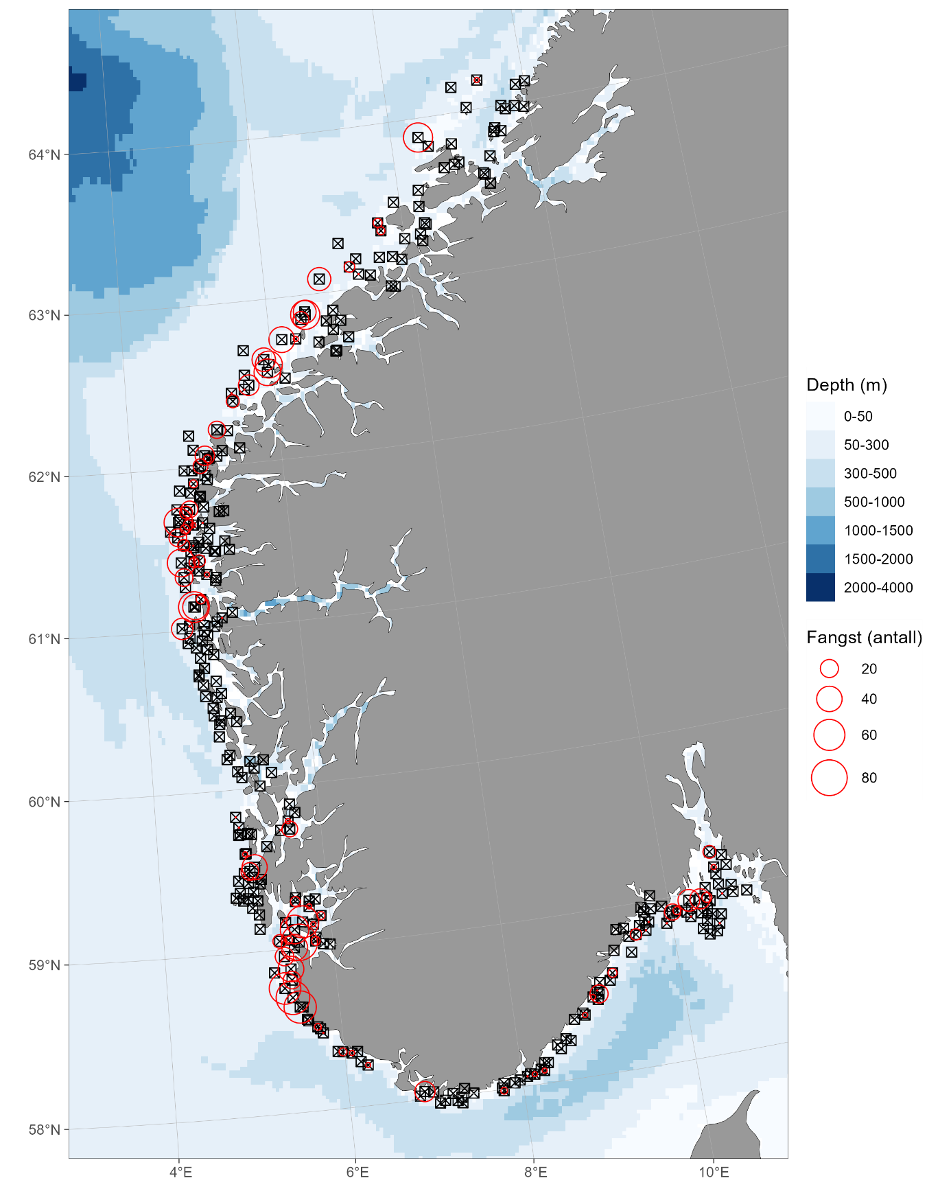 Kart som viser alle stasjoner hvor det ble fisket (fra Trondheimsfjorden til svenskegrensa), samt størrelsen på pigghåfangst på hver stasjon. 