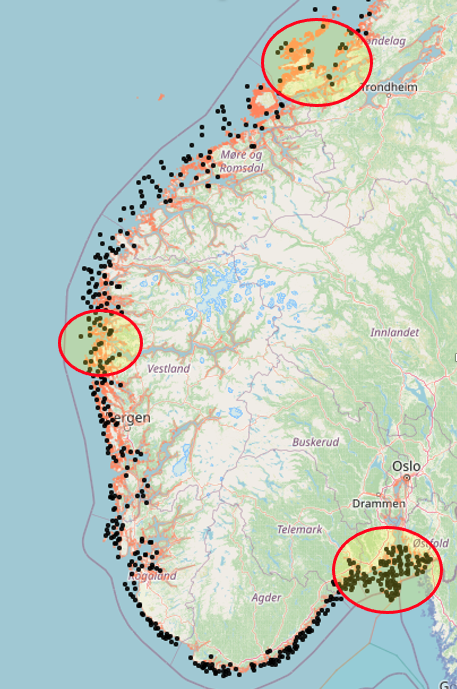 Kart som viser tre prioriterte områder (utenfor Trondheim, Sognefjorden, Oslofjorden) for innsamling av brosme og lange for kveisundersøkelser.