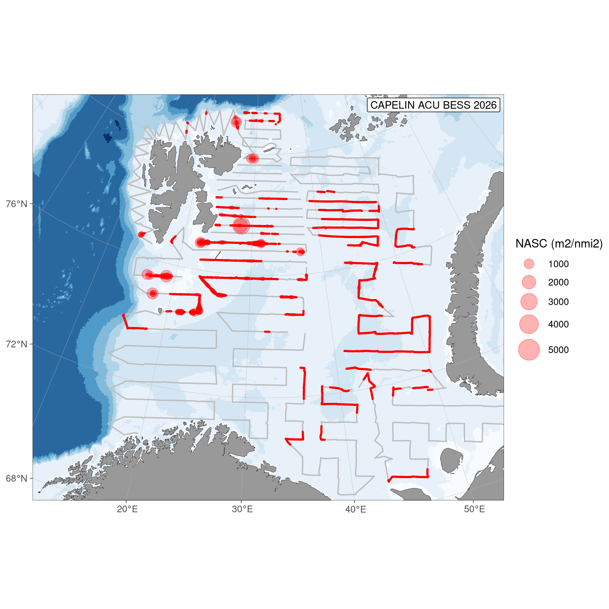 Figure 3. Survey coverage and geographical distribution of acoustic recordings of capelin in autumn 2026. The size of the circles corresponds to nautical acoustic scattering coefficient (NASC; m2/nmi2) per 1 nautical mile.