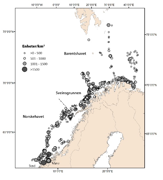 Grå og svarte dotter rundt norskekysten fra vestlandet til sør for svalbard.