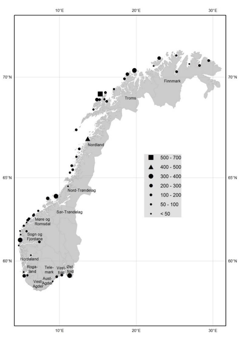 Kartmodell som viser hårfellingsområder for steinkobbe