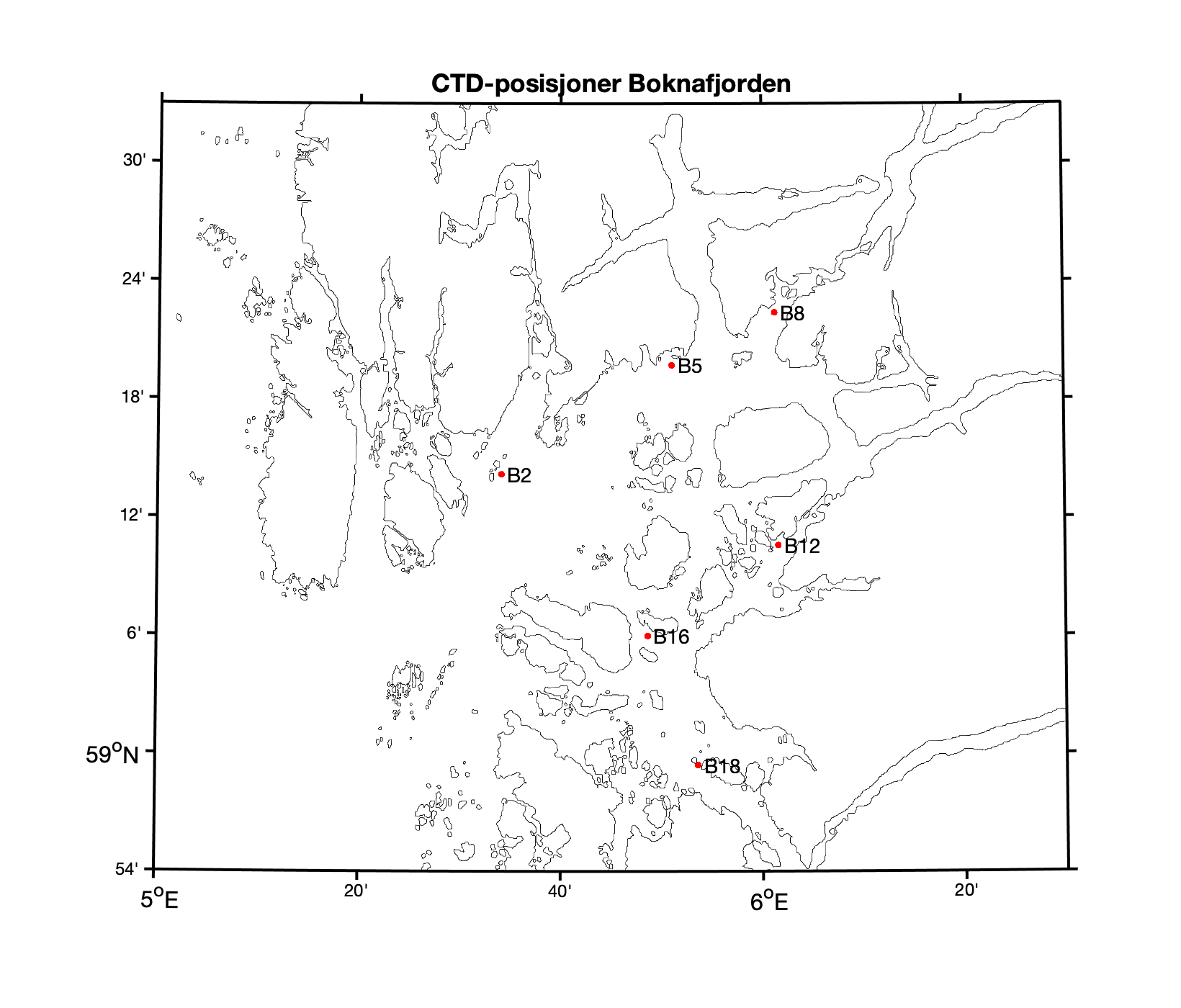 Figur 5. Posisjoner for CTD-profil i Boknafjorden som sammenfaller med posisjonene til smoltbur.
