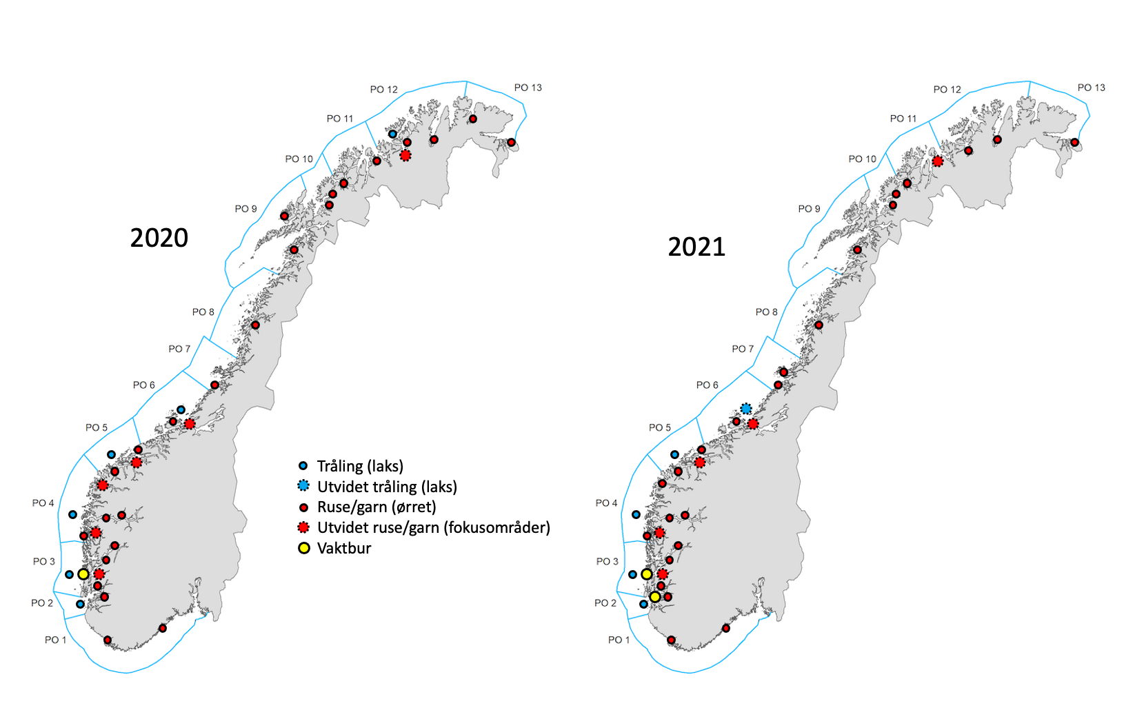 Figuren viser plasseringen av stasjonene beskrevet i teksten i ett Norgeskart.