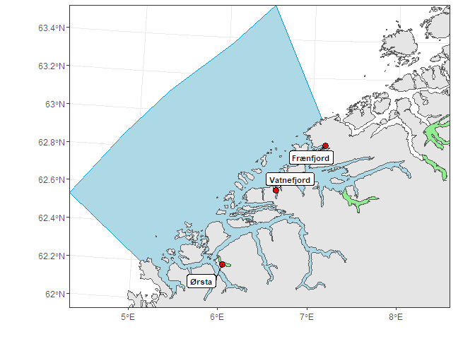 Figuren viser stasjonene omtalt i teksten på et kart.