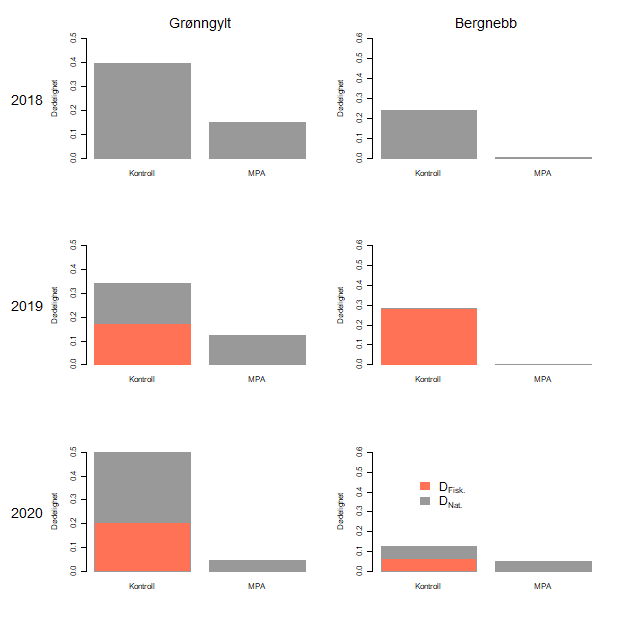 Figur 6 : Estimert naturlig dødelighet (grå) og fiskedødelighet (oransje) i kontroll-område (utfisket) og verneområde (MPA) i Austevoll. Merk at disse områdene ikke er de samme som presentert i Figur 5. Se vedlegg 9 for kart over områdene som er undersøkt i Austevoll.