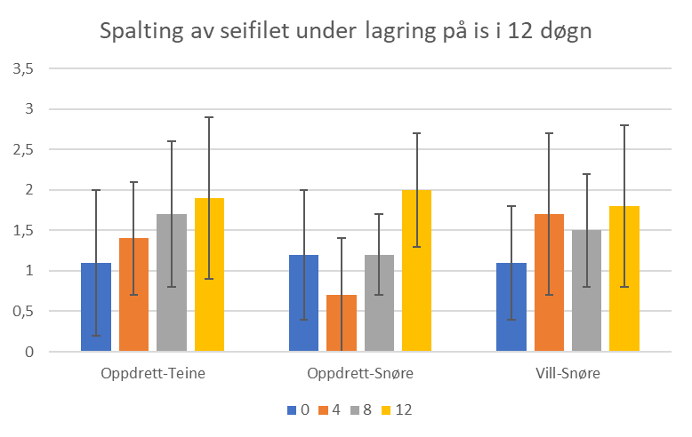 Diagram som viser grad av spalting av seifilet under lagring på is i 12 døgn for 1) Oppdrett-teine 2) Oppdrett-snøre og 3) vill-snøre