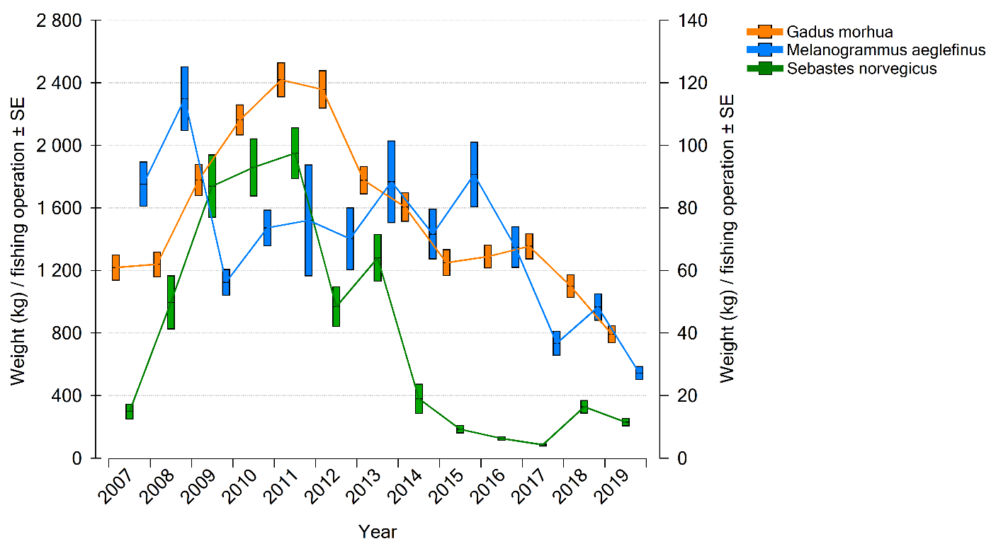 Figure showing catch per unit effort of of cod, haddock and golden redfish north of 62 degrees north