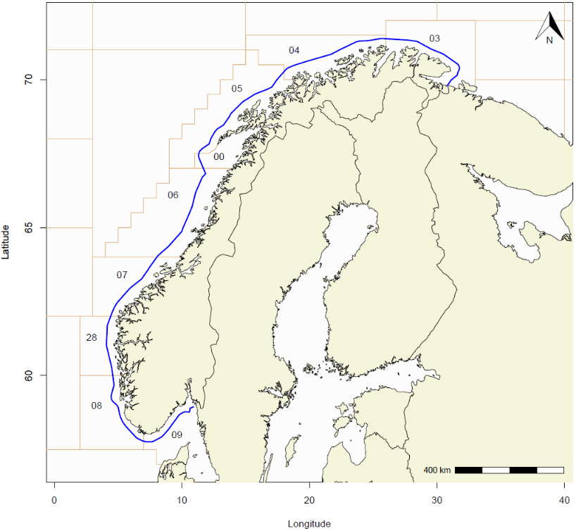 A map of Norway showing the Directorate of Fisheries statistical areas, as well as a line illustrating 12 nautical miles from the coast