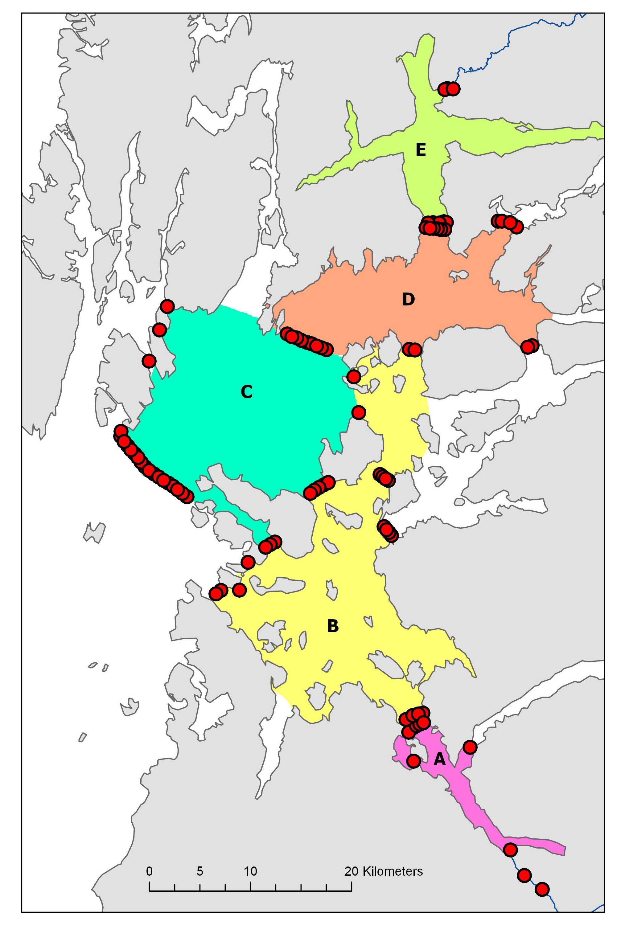 Figuren viser plasseringen av lyttebøyene på ett kart over Rogaland, og hvilke soner området er delt inn i for dataanalysene.Sone A er innerst ved Dirdalselven, E innerst ved Vikedalselven, A er Høgsfjorden, E Vindafjorden, C og B er de ytterste sonene på hhv. nord og sørsiden.