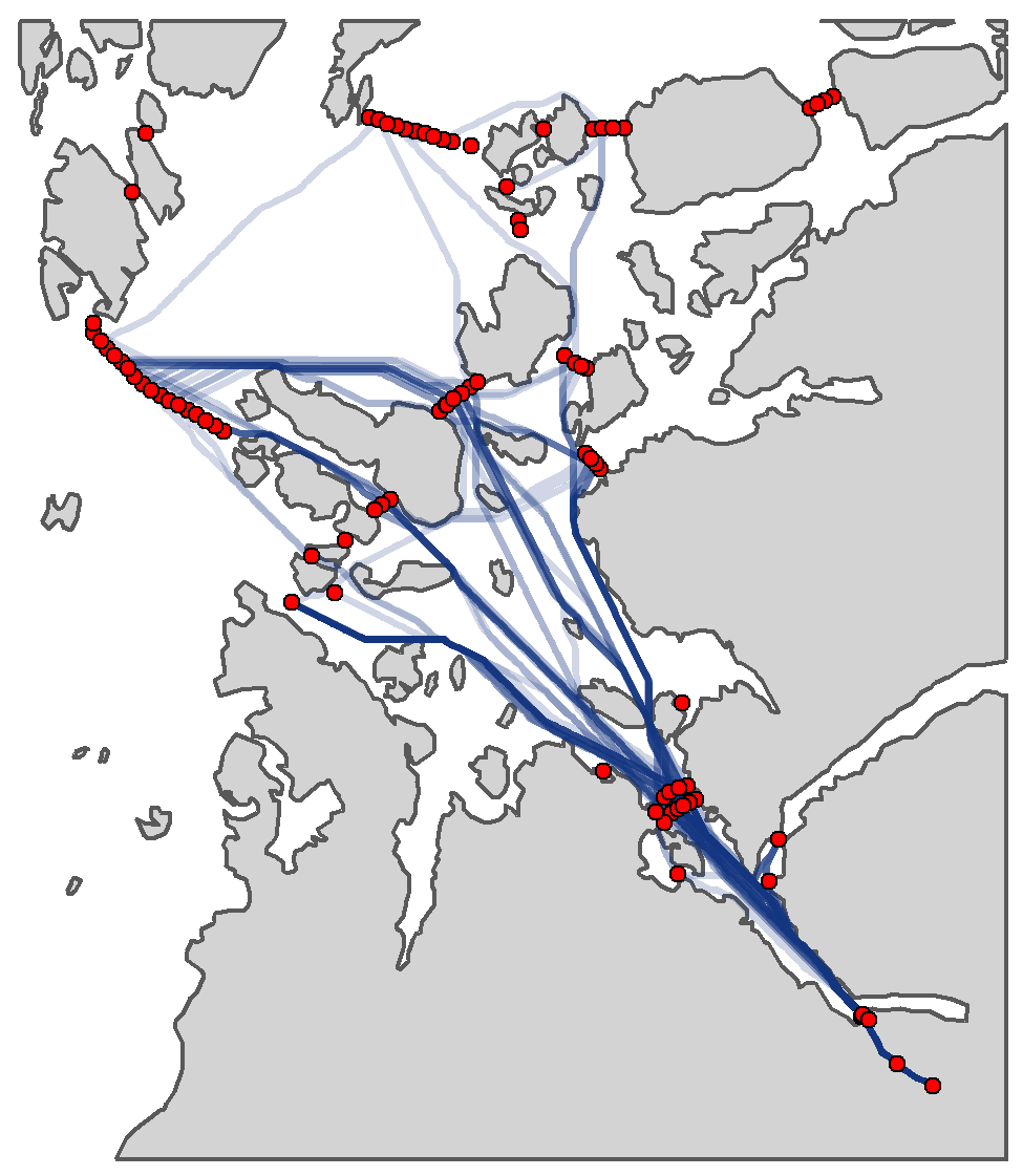 Figuren viser de enkelte fiskenes korteste rute plottet som streker fra Dirdalselven og utover på ett kart over Rogaland.